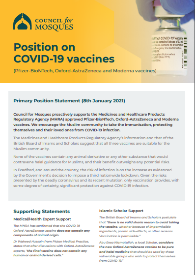 Council for Mosques position on Covid vaccinations