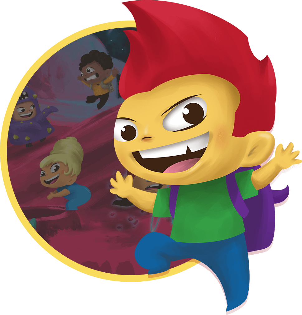 Cartoon red haired child in front of circle with more cartoon children
